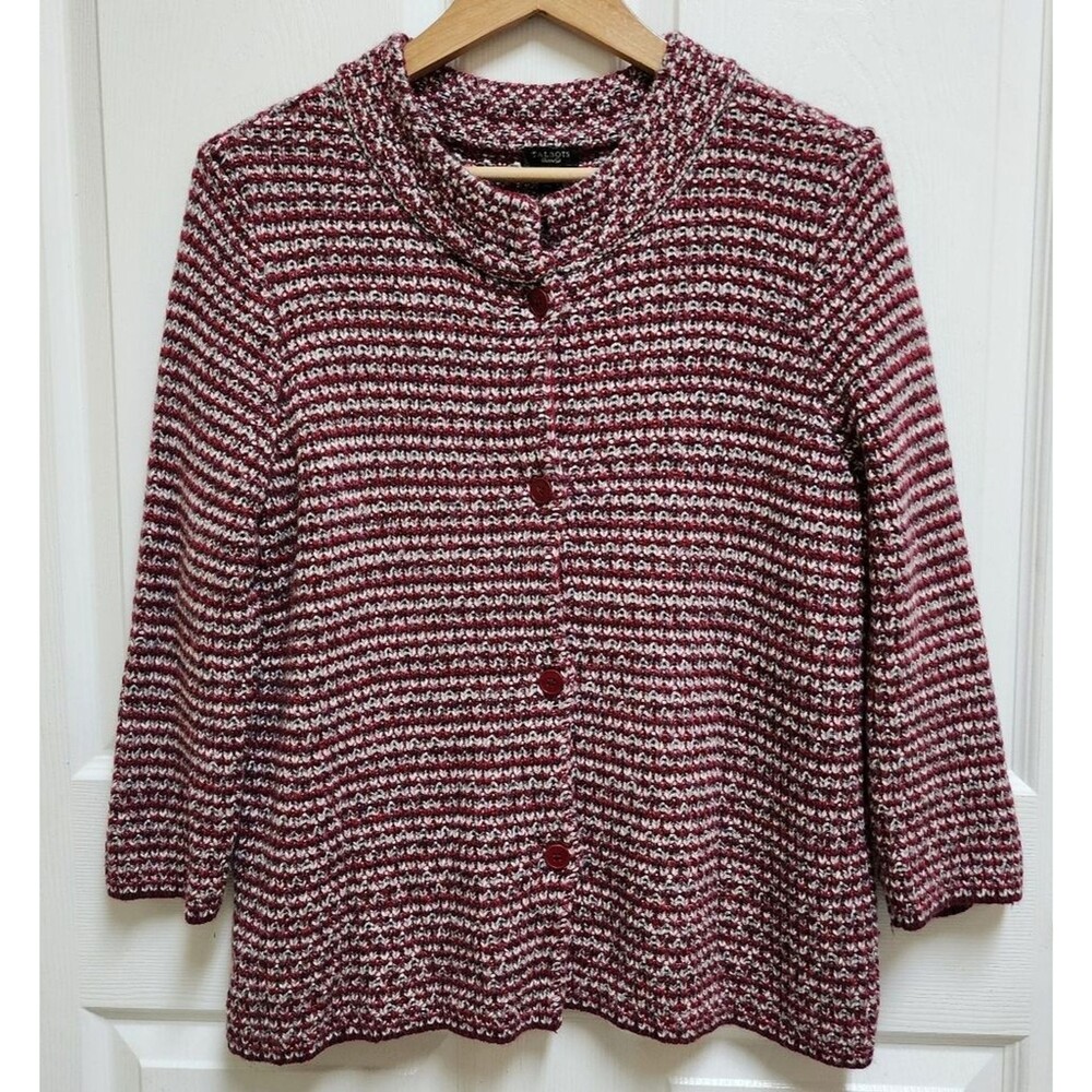 Talbots Red Gray Angora Blend Striped Knit Cardigan Sweater Fuzzy Women L Chunky